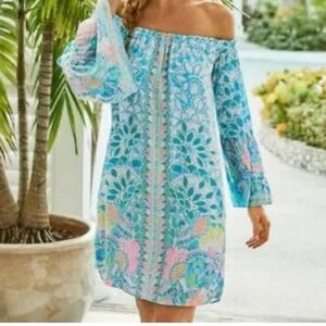 Lilly Pulitzer Nevie Off Shoulder Dress Caribbean Citrus Small NWT $178